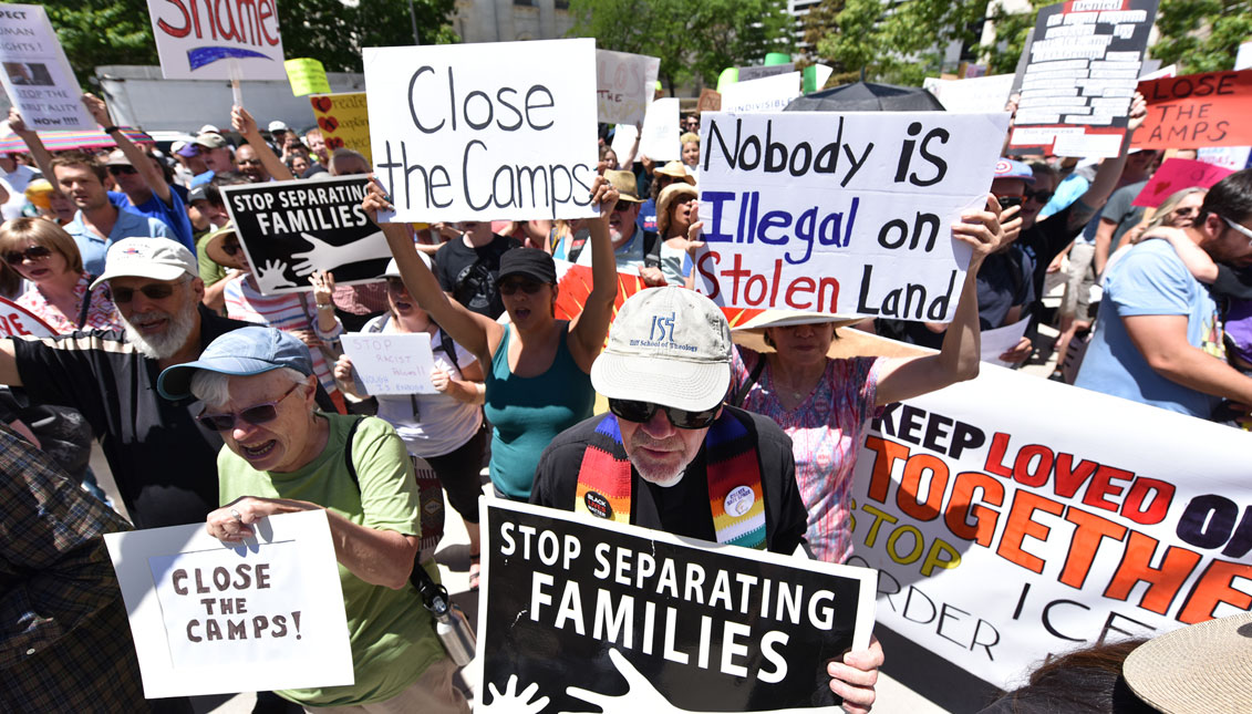 Protestors in front of the Byron G Rogers Federal building. #CloseTheCamps United We Dream, American Friends Service Committee, and Families Belong Together led protests across the country at members of Congress's offices to demand theclosure of inhumane immigrant detention centers that subject children and families to horrific conditions. (Photo by Tom Cooper/Getty Images for MoveOn.org Civic Action)