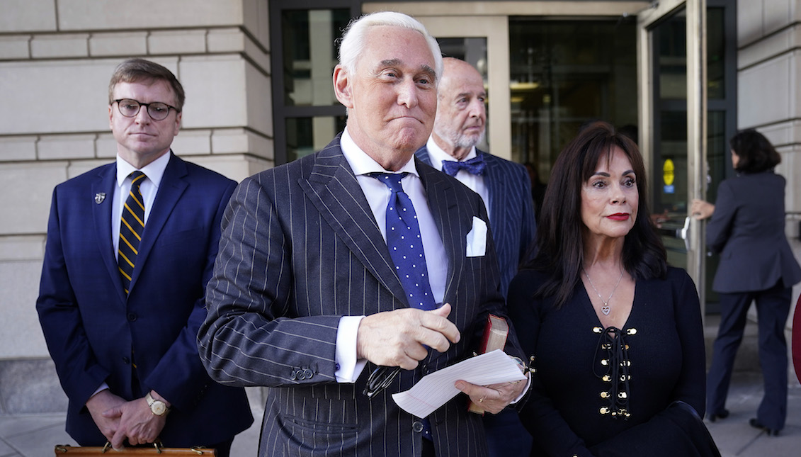 WASHINGTON, DC - NOVEMBER 15: Former advisor to U.S. President Donald Trump, Roger Stone (2nd L), departs the E. Barrett Prettyman United States Courthouse with his wife Nydia (R) after being found guilty of obstructing a congressional investigation into Russia’s interference in the 2016 election on November 15, 2019 in Washington, DC. (Photo by Win McNamee/Getty Images)