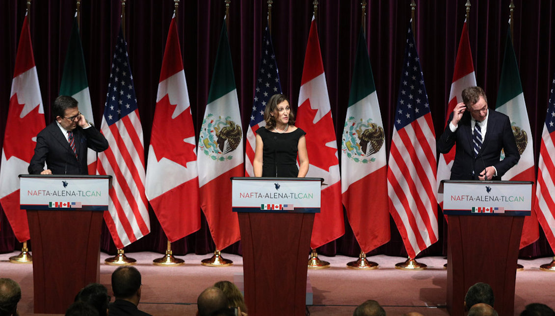 The representatives in the renegotiation of Mexico, Ildefonso Guajardo; Canada, Chrystia Freeland, and the United States, Robert Lighthizer, during a conference on September 27. Photo: Lars Hagberg/Agence France-Presse; Getty Images.