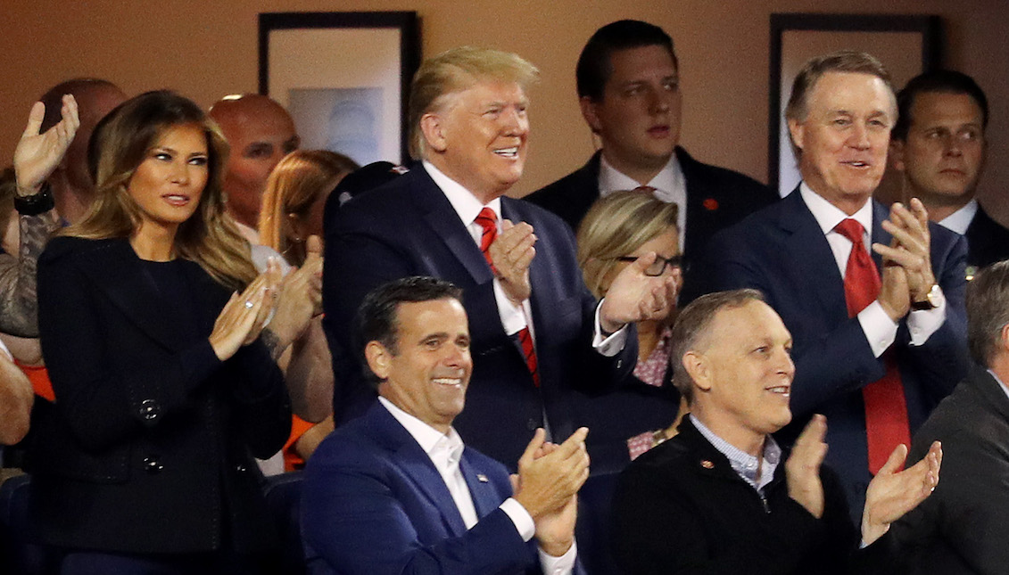 WASHINGTON, DC - October 27: President Donald Trump attends Game Five of the 2019 World Series between the Houston Astros and the Washington Nationals in the National Park on October 27, 2019 in Washington, DC. (Photo by Will Newton/Getty Images)