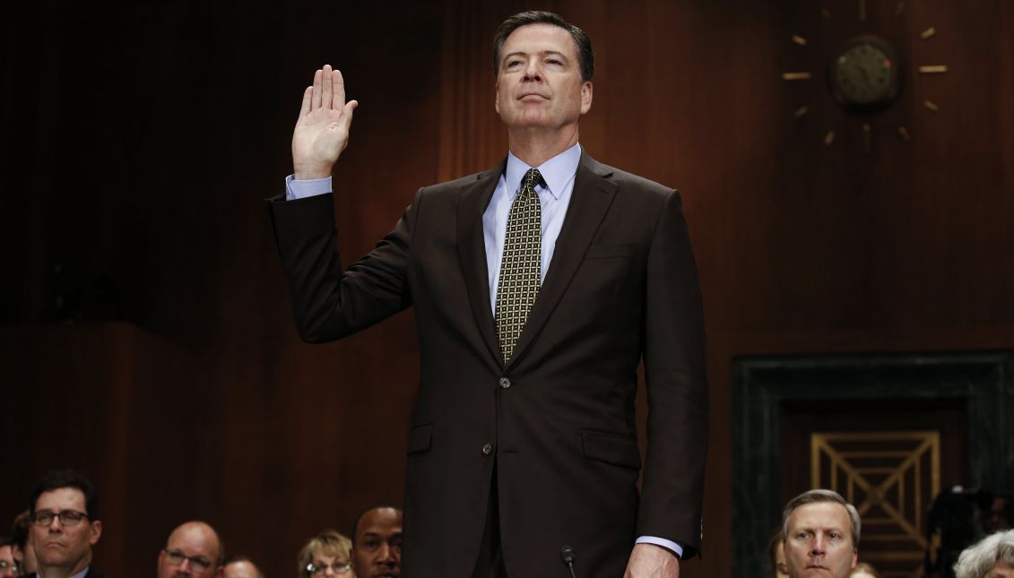  FBI Director James Comey being sworn in prior to testifying before the Senate Judiciary Committee hearing on 'Oversight of the Federal Bureau of Investigation.' on Capitol Hill in Washington, DC, 03 May 2017. EPA/SHAWN THEW