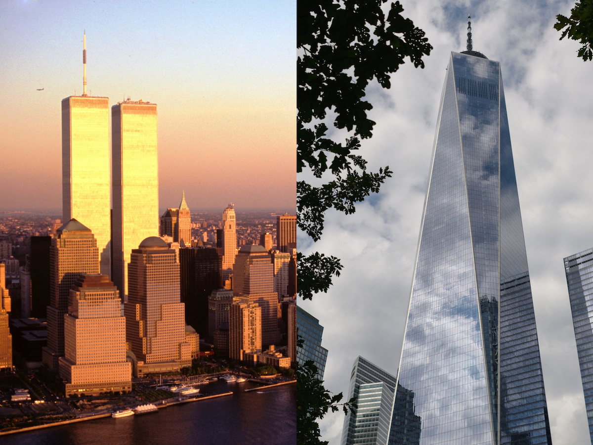 The New York City skyline has seen quite the change since 9/11. Photos: Stock photo (left), Angela Weiss/AFP via Getty Images (right).
