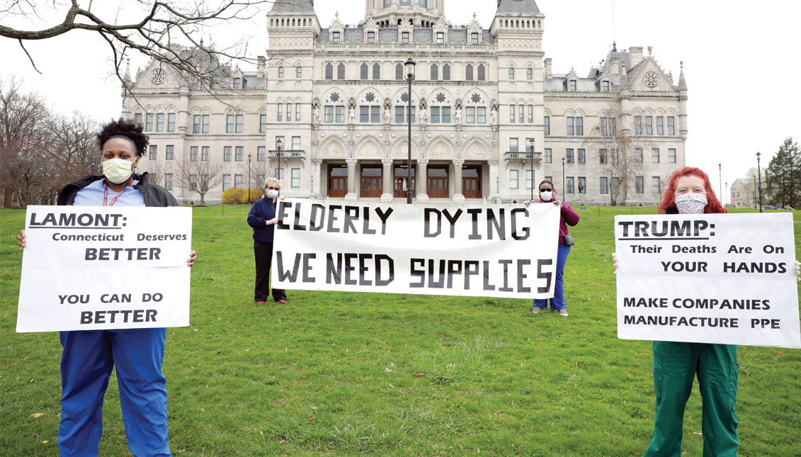 Nursing home workers visit the state Capitol to call for a better federal and state response to the COVID outbreak. PHOTO COURTESY OF SEIU 1199