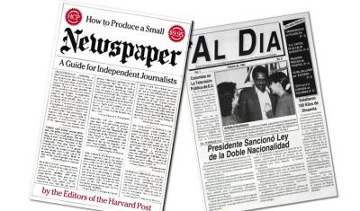 To the left, the cover of the book that inspired the production of the first edition of AL DIA. On the right, una of the first covers, produced on a newsletter format.   AL DÍA News