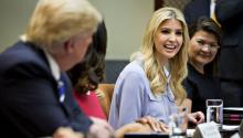 Ivanka Trump, daughter of U.S. President Donald Trump, speaks as US President Trump, left, listens during a meeting with women small business owners in the Roosevelt Room of the White House in Washington, DC, USA, Mar. 27, 2017. EPA/ANDREW HARRER / POOL