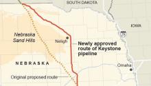 Map showing the route approved by Nebraska for the last section of the Keystone XL pipeline.