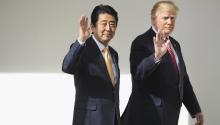 Archive photo: US President Donald J. Trump and Japan Prime Minister Shinzo Abe walk together to their joint press conference in the East Room at the White House in Washington, DC, USA, 10 February 2017. This is Abe's first official state visit during the Trumpadministration. EPA/Chip Somodevilla
